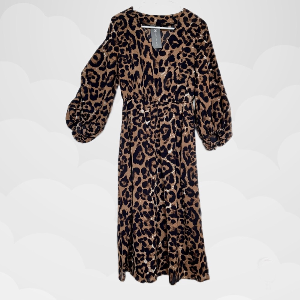 Leopard Print Cuffed Sleeve Cinched Waist Midi Dress